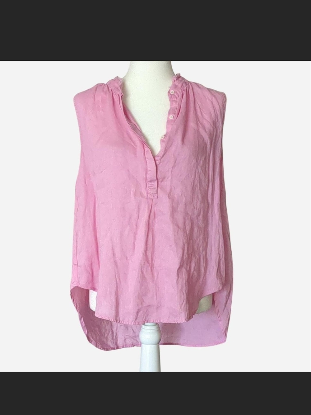 Dylan Pink 100% Linen Sleeveless Tunic Blouse Ruffle V-Neck High Low Top S